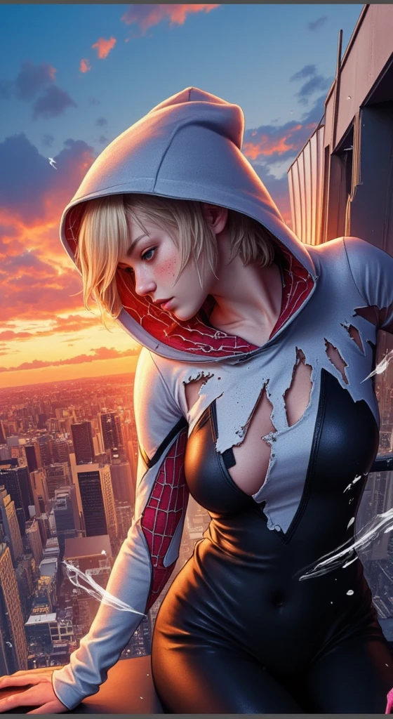  A promotional movie still, poster for the marvel movie 'Spider-Man: Home Turf,' featuring emma myer as spider-gwen, acrobatic pose, She is wearing a destroyed torn half naked skin-tight white and black pink spider-gwen costume, on rooftop The title reads: "Spider-Man:Home Turf" and "Coming 2030."