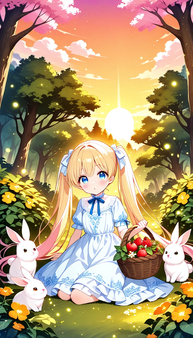 1girl, solo, long blonde hair ,twin tails, bright blue eyes , blush , cute, frilly white dress with yellow and orange flowers embroidered on it, holding a basket of freshly picked strawberries under her arm,whimsical forest, sunset, tree covered in vines and mosses, orange and pink hue sky, fireflies, small rabbit peeking out from behind nearby bush, playful and carefree,sitting