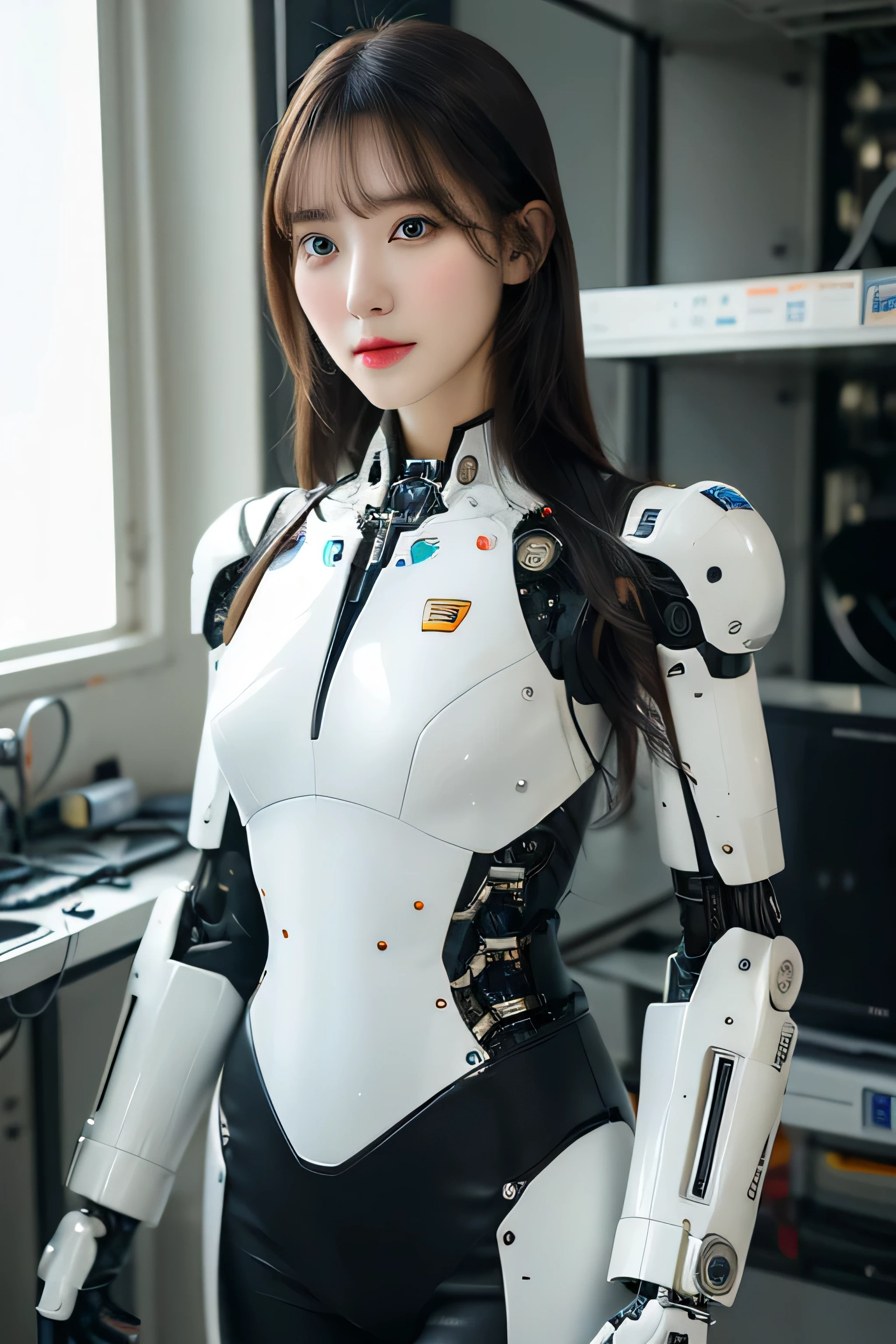 masterpiece, best quality, extremely detailed, portrait,Japaese android girl,Plump,a bit chubby,control panels,android,Droid,Mechanical Hand, ,Robot arms and legs, Black hair,Mechanical body,Blunt bangs,White Robotics Parts,perfect robot woman,Charging spot,Long Tube,A thick cable was connected to her neck,perfect mechanical body,white robotics body,future assembly plant,white body,She has repaired,black sponge joints,android assembly plant,android,laboratory,perfect machine body,white robot body,blue eyes