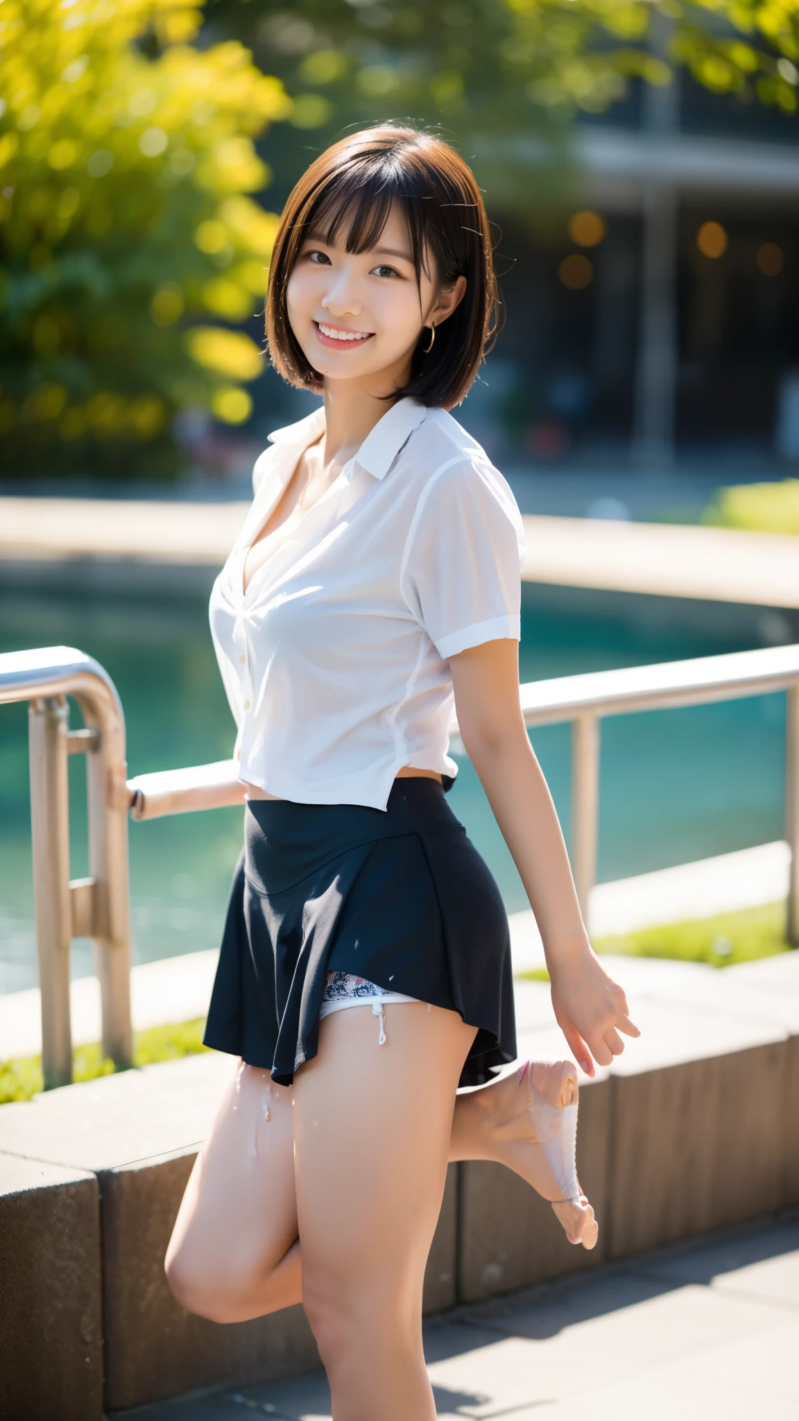 (((leg up:1.1, panties:1.2))),(( my skin is wet from sweat)),Around town,Outdoor,(bench),(Wearing a shirt,Wearing a skirt), cleavage,A female college student, looking at camera,smile, 23 years old,  short hair、bangs、、Cute earrings,Bright sunlight, Perfect Body ,Detailed skin,Detailed skin, best quality,4K