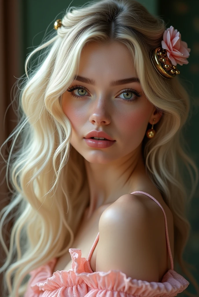 (((Ultra-realistic))) photograph, masterpiece, highest quality, (Pale skin), (very detailed face and eyes:1.3), ((full body:1.5)),Full body girl1 person, Adult, Deep neckline, (eye make up, mascara) , ((Big and thin lips)), ((Pink wavy hair)), ((Chorka)) , ((Natural Breasts)). ((Pause)), studio ((Lun Guoguang)), (Play of light and shadow), Depth of written boundary, Bokeh, (Pay special attention to the details of your skin: 1.2), (The light atmosphere of the frame, pastel colour), , Super detailed,