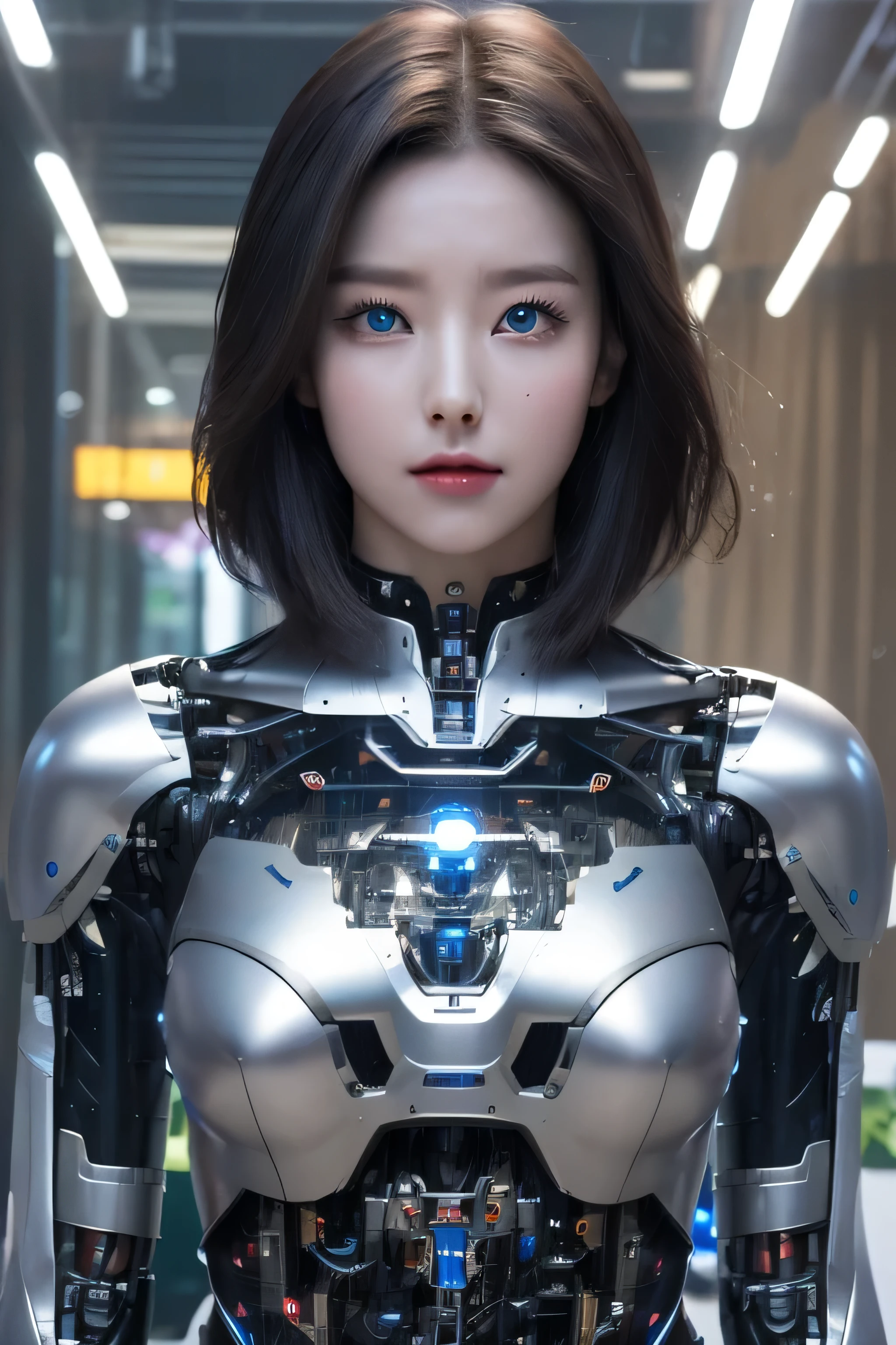 masterpiece, best quality, extremely detailed,  korean android girl,Plump , control panels,android,Droid,Mechanical Hand, Robot arms and legs, Black Robot Parts,Black hair,Mechanical body,Blunt bangs,White robotics parts,perfect robot girl,future information counter,reception,long tube,thick cable connected her neck,ceramic body ,mechanical body,mechanical costume,android,robot,humanoid,cyborg,information office,Korean android receptionist ,mechanical chest,blue eyes,