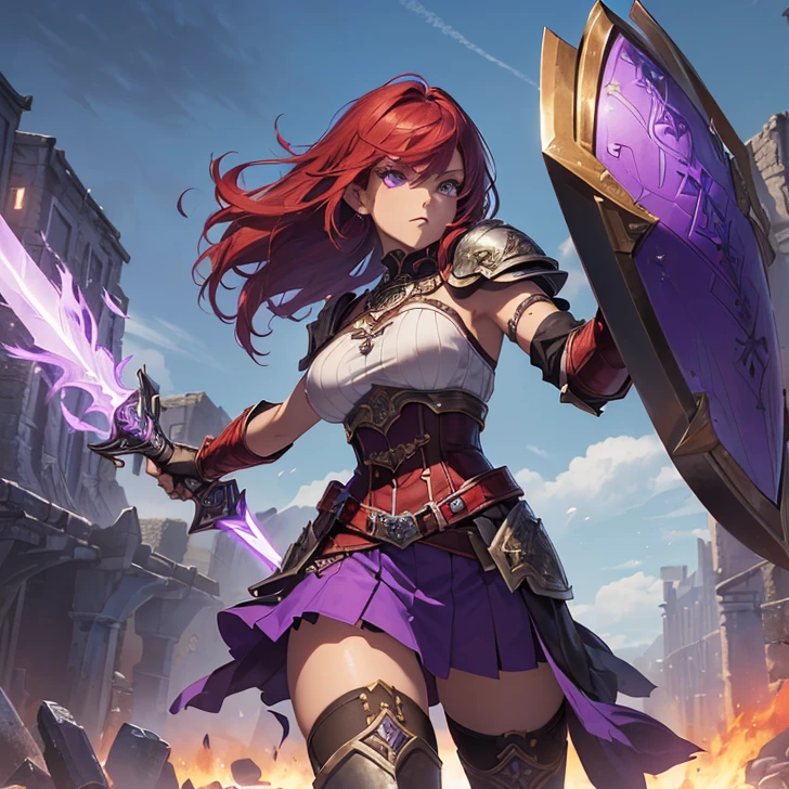 Red-haired arafe woman in purple dress holding sword and shield, cushart krenz key art feminine, by Yang J, chengwei pan on artstation, Style ArtGerm, Alexandra Fomina Artstation, ig model | ArtGerm, very detailed Artgerm, epic exquisite character art, ArtGerm on ArtStation Pixiv, Perfect Angle, perfect-composition, Best Quality, Perfect model body shape