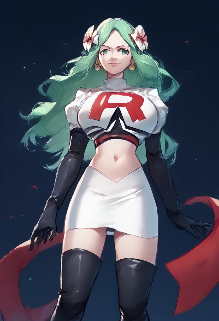 Team rocket, team rocket uniform, red letter R, white skirt,white crop top,black thigh-high boots, black elbow gloves, evil smile, night sky background, earrings, large breasts, high-heeled boots, Rhea, green hair