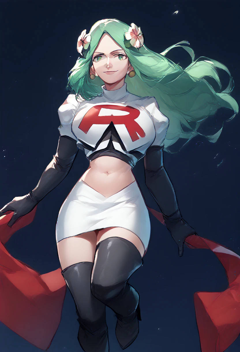 Team rocket, team rocket uniform, red letter R, white skirt,white crop top,black thigh-high boots, black elbow gloves, evil smile, night sky background, earrings, large breasts, high-heeled boots, Rhea, green hair