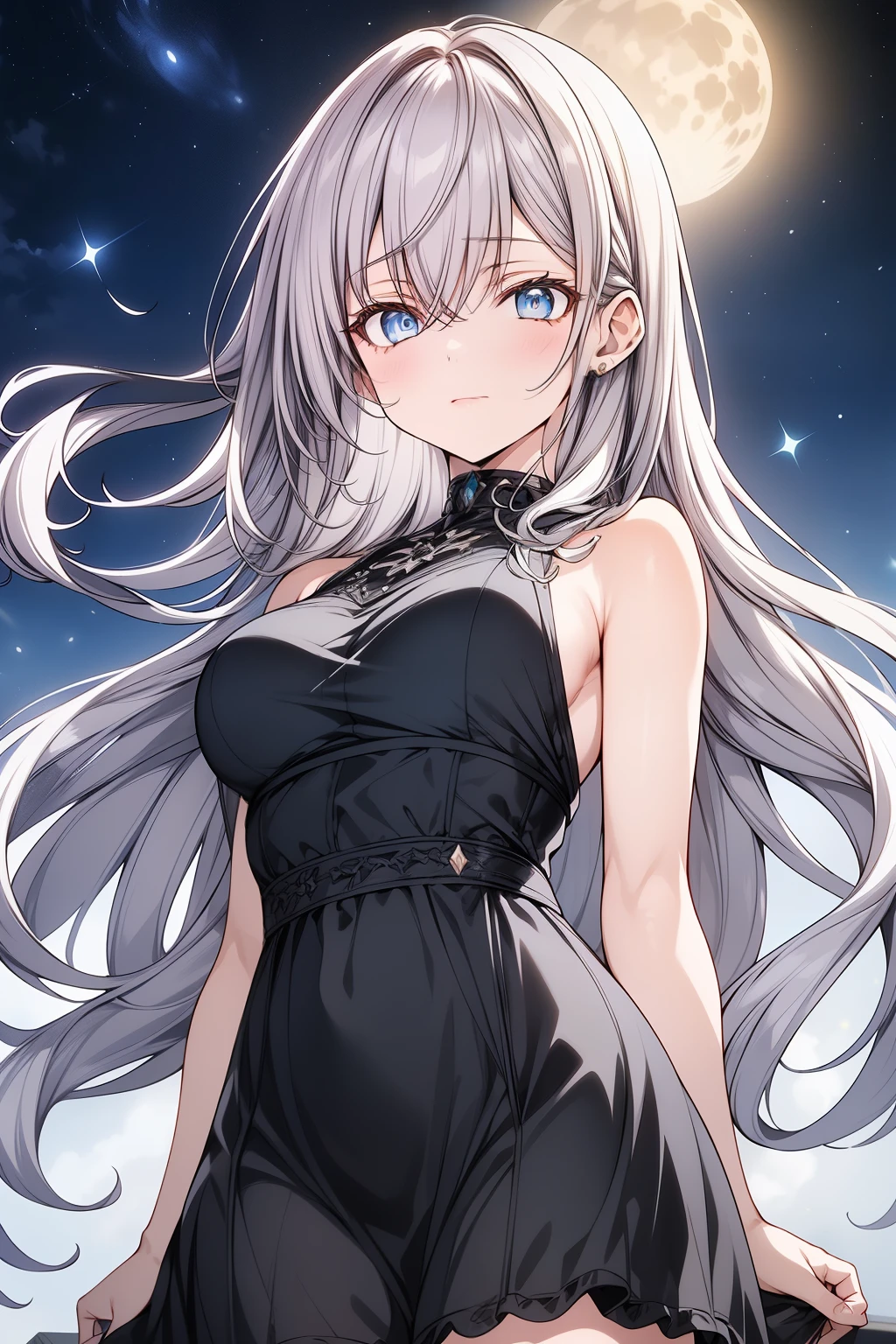 "A beautiful night scene featuring Alisa (a character with white hair and bright blue eyes), wearing an elegant sky-blue dress. The setting is under a starry sky, with the moon casting a soft, silvery glow over her. The dress (delicate and flowing, with multiple layers of fabric, adorned with intricate patterns of silver threads that shimmer in the moonlight) moves gently in the breeze, highlighting the fine textures and the way the fabric catches the light. Her hair (styled in loose, cascading waves, with each strand individually detailed, some strands gently blowing in the night breeze) catches the soft light of the moon. Alisa is standing on a balcony, looking thoughtfully into the distance, with soft light reflecting off her skin, creating a calm and serene atmosphere. The background (a sprawling city with glowing lights far below, detailed buildings with sharp contrasts between light and shadow, and distant hills with soft mist) and the sky (filled with twinkling stars, a clear and deep black with a gradient of blue and purple hues) create a peaceful setting. The moon (large and radiant, with detailed craters visible) illuminates the scene with a soft, ethereal glow. Alisa's expression (one of quiet contemplation) and her posture (graceful, with one hand gently resting on the balcony railing) add to the tranquil mood. The entire image (highly detailed, capturing the fine textures of her dress, the flowing hair, the natural elements around her, the light reflections on the skin, and the starry sky) is designed in ultra-high resolution with HDR 10 color grading, ensuring realistic contrast, brightness, and depth. The scene is rendered in 8K resolution, capturing every minute detail with exceptional clarity, bringing the atmosphere to life in vivid detail."