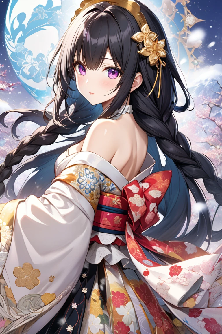 A girl wearing a kimono, (best quality, 8k, whole body, pose, whole body, Highly detailed facial and skin textures, delicate eyes, double eyelids), actual, floral landscape, pastel colors, Delicate cherry blossom petals, Bright natural light.