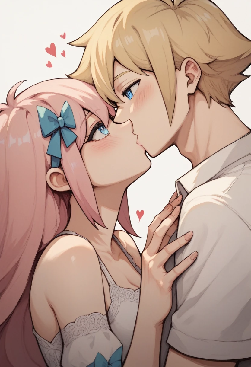 1 boy, 1 girl, Basil_(OMORI), Blonde boy,  kissing, pink hair girl, long hair girl, light blue eyes, straight hair, girl with blue ribbon in hair