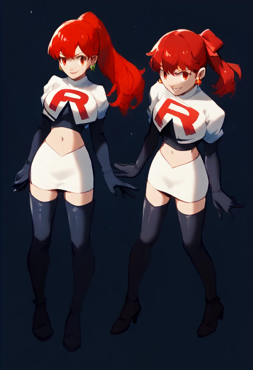 Team rocket, team rocket uniform, red letter R, white skirt,white crop top,black thigh-high boots, black elbow gloves, evil smile, night sky background, earrings, large breasts, high-heeled boots, kasumi yoshizawa, red hair