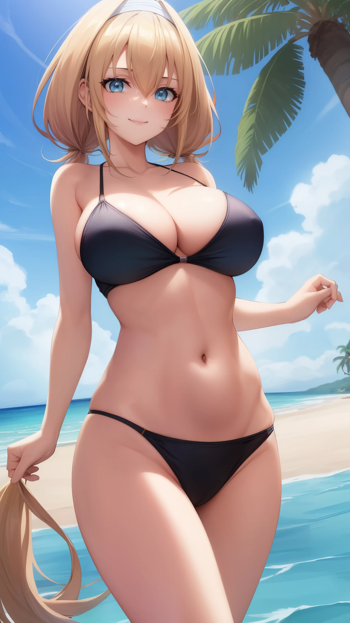  blond hair, blue eyes, open your mouth ,Big Breasts,,,low twintail,hair band,cowboy shot,smile,bikini,beach,blue sky ,navel ,stomach 