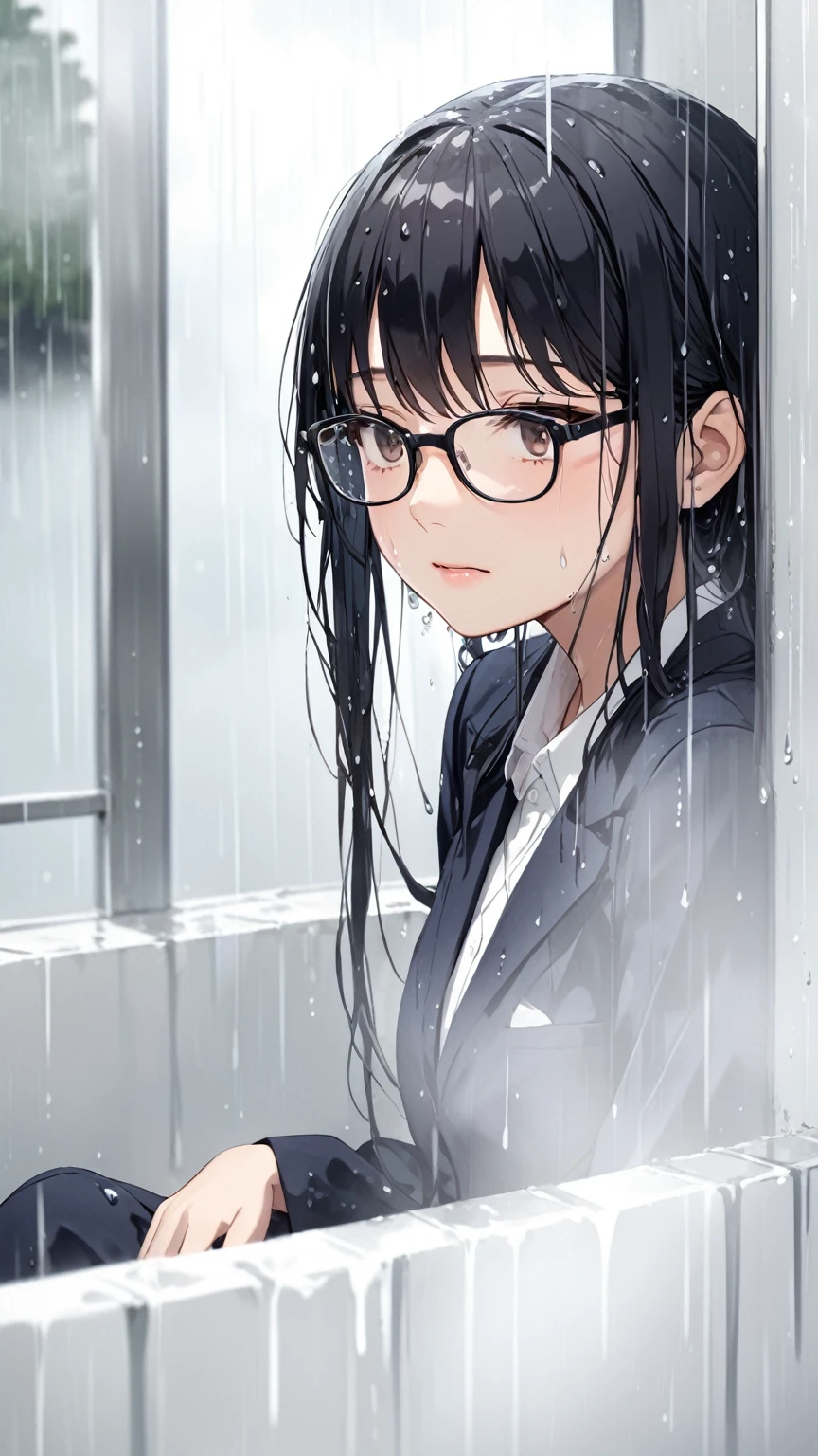 Black hair, glasses, Japanese girl blazer, soaking wet, rain, sheltering from the rain