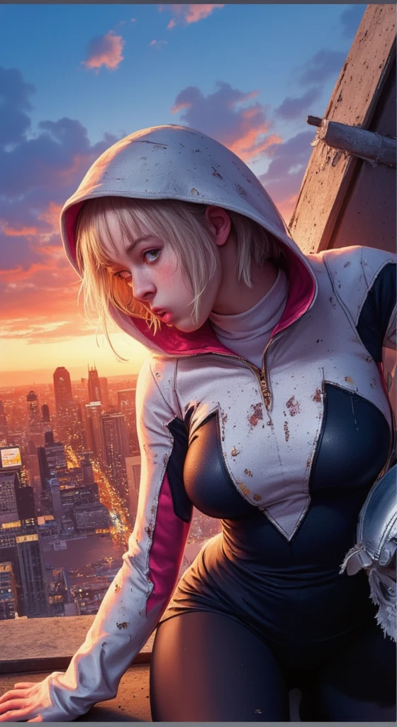  A promotional movie still, poster for the marvel movie 'Spider-Man: Home Turf,' featuring emma myer as spider-gwen, acrobatic pose, She is wearing a destroyed torn half naked skin-tight white and black pink spider-gwen costume, on rooftop The title reads: "Spider-Man:Home Turf" and "Coming 2030."