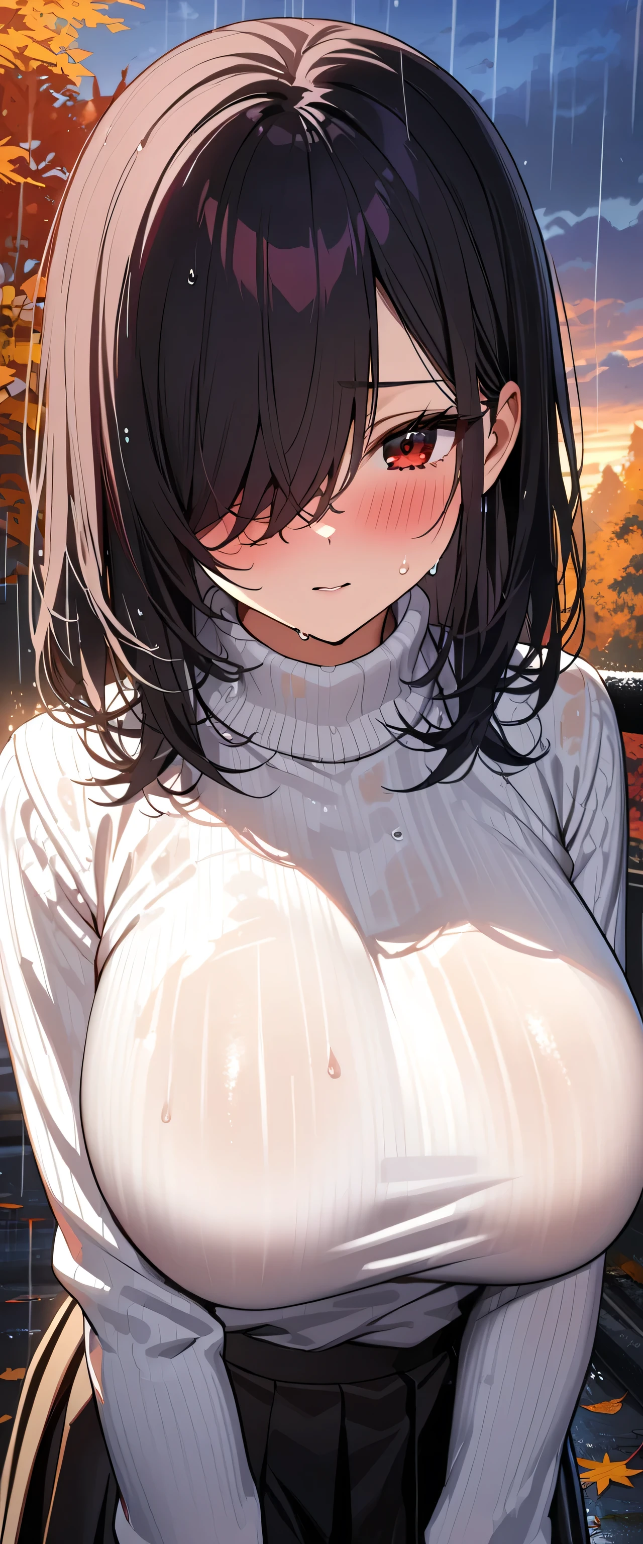 nsfw,1girl,black hair,two torn eyes,upper body,big breast,breasts focus,Whithair,red eyes,From below,underboob,arms up, Armpit,masterpiece,best quality,very aesthetic,absurdres,Sweat,straight-on,boob,shirt overhang,shirt