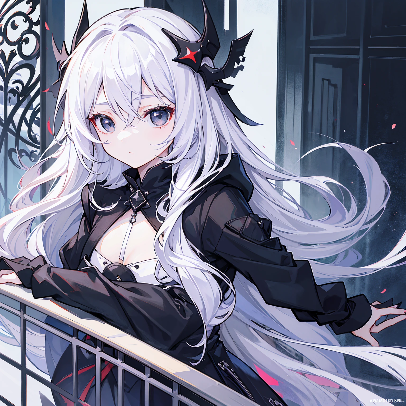 close up, masterpiece,  best quality, High Detail, (((A girl))), ((White long hair:1.2)), (black eyes:1.3), Shut up,  faces are expressionless, anime girl wearing a black jacket,  white dress, Standing on the balcony