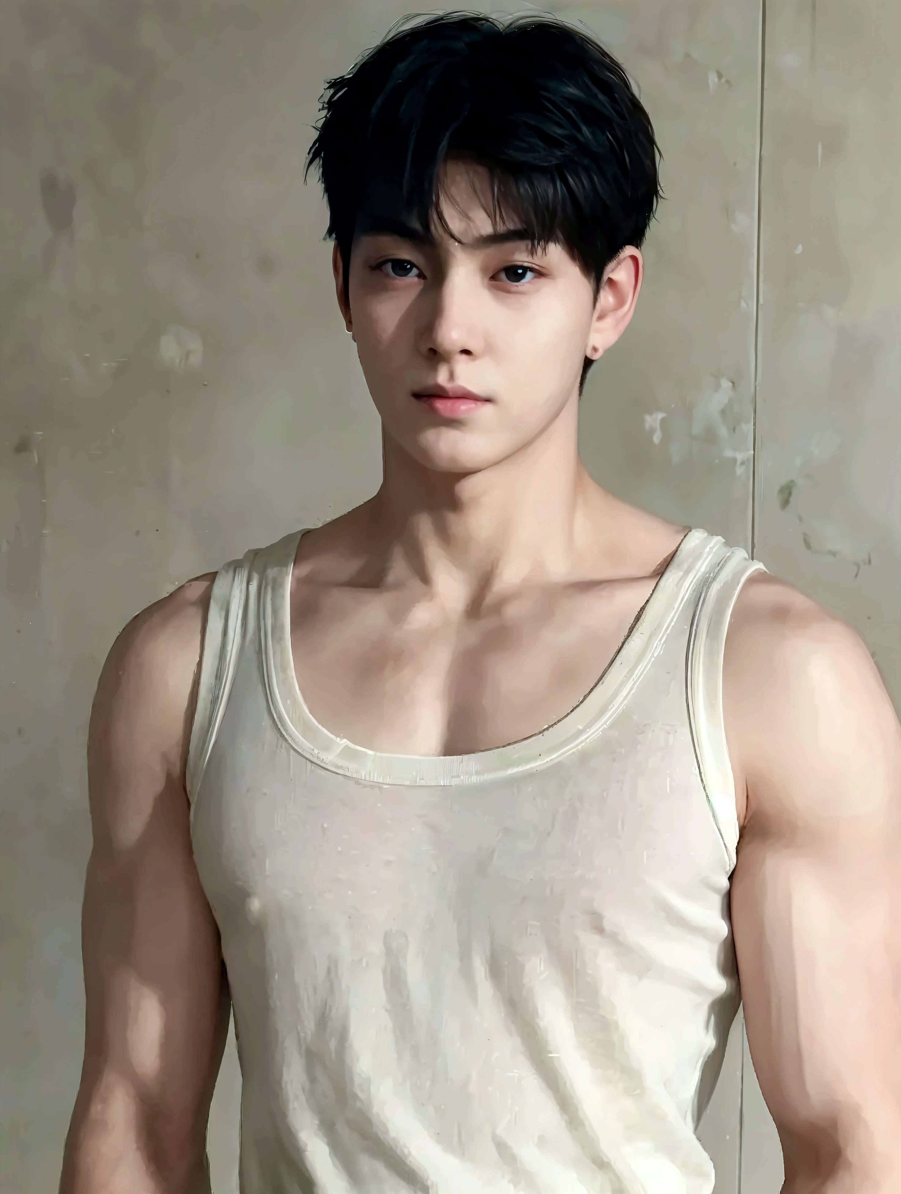 Full colorful studio light background and backdrop,magazine photo,sexy abs pose,no text,abs shirtless,shirtless monochromatic short suit,Handsome korean male,Center-parted hairstyle,a cassock,worship,angle tilted to the side,
