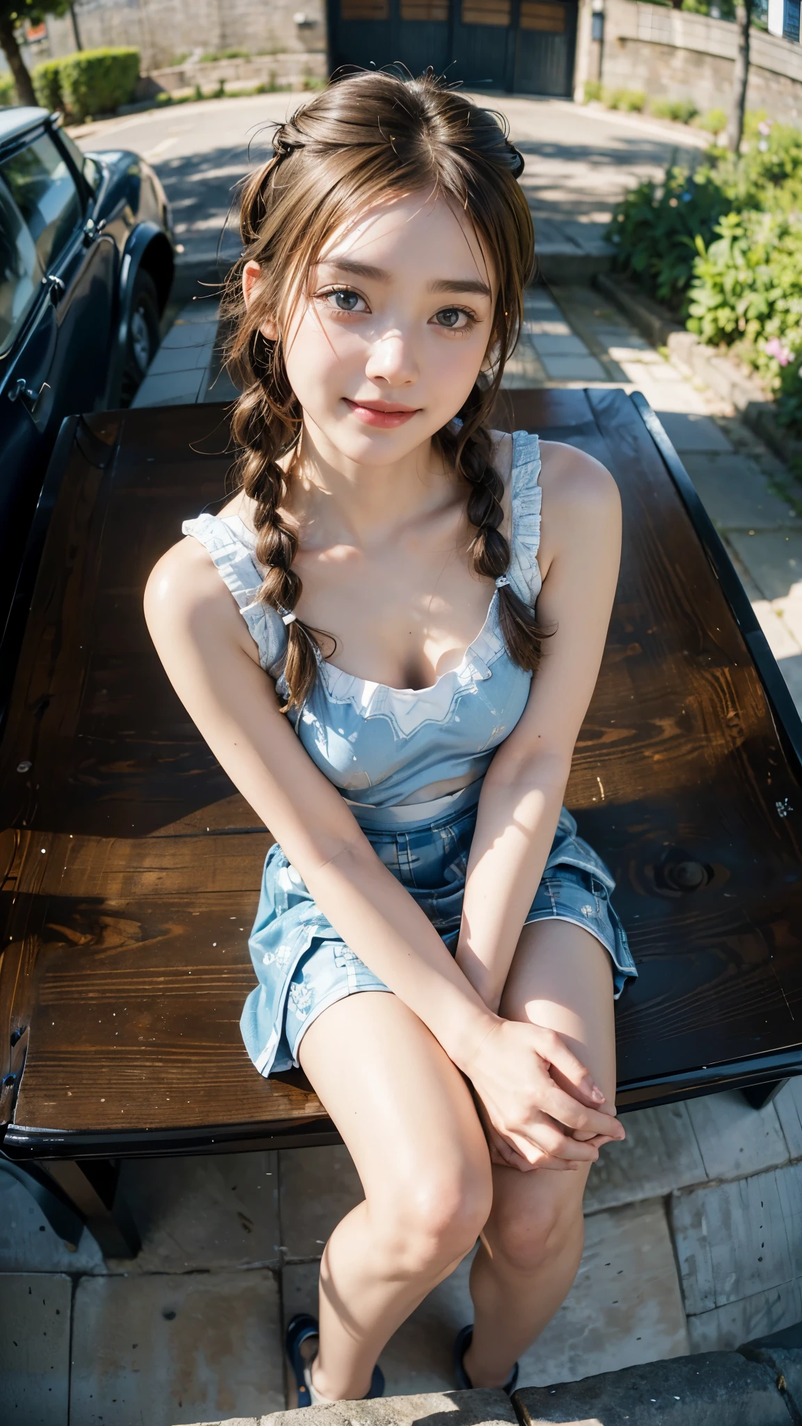 ((Light garden porch background)), (lo-fi), (soft focus), high quality, masterpiece, high definition, high definition, high resolution, 4K, ultra high definition, ultra high definition, ultra realistic shadows, ultra realistic, dramatic lighting, one girl, solo, detailed face, realistic eyes, realistic skin, dynamic hair, dynamic pose, dynamic angle, white flower dress, white background, ulzzang-6500-v1.1, (raw photo: 1.2), (photorealistic: 1.4), beautiful detailed girl, highly detailed eyes and face, beautiful detailed eyes, ridiculous, incredibly ridiculous, huge file size, super detail, high resolution, very detail, highest quality, (bright indoors), (soft light), (low contrast), (shallow depth of field), ( Portrait of a beautiful woman illuminated by gentle light), (very delicate and elegant depiction), (short length bangs), (hair color is dark chestnut with a slight brown tone), (hair with subtle gentle waves), (small braid intricately woven on the sides of long hair), (decorated with thin ribbons), (white blouse with small ruffles), (bow tie), (blue long skirt), ( white short ankle socks with frills), illustration, very detailed, CG, unification, 8k wallpaper, amazing, fine detail, best quality, highly detailed CG unified 8k wallpaper, face light, movie lighting, 1 girl, , (without panties)), (dynamic pose))), (camel toe), (half), (bent knees and legs sitting))
