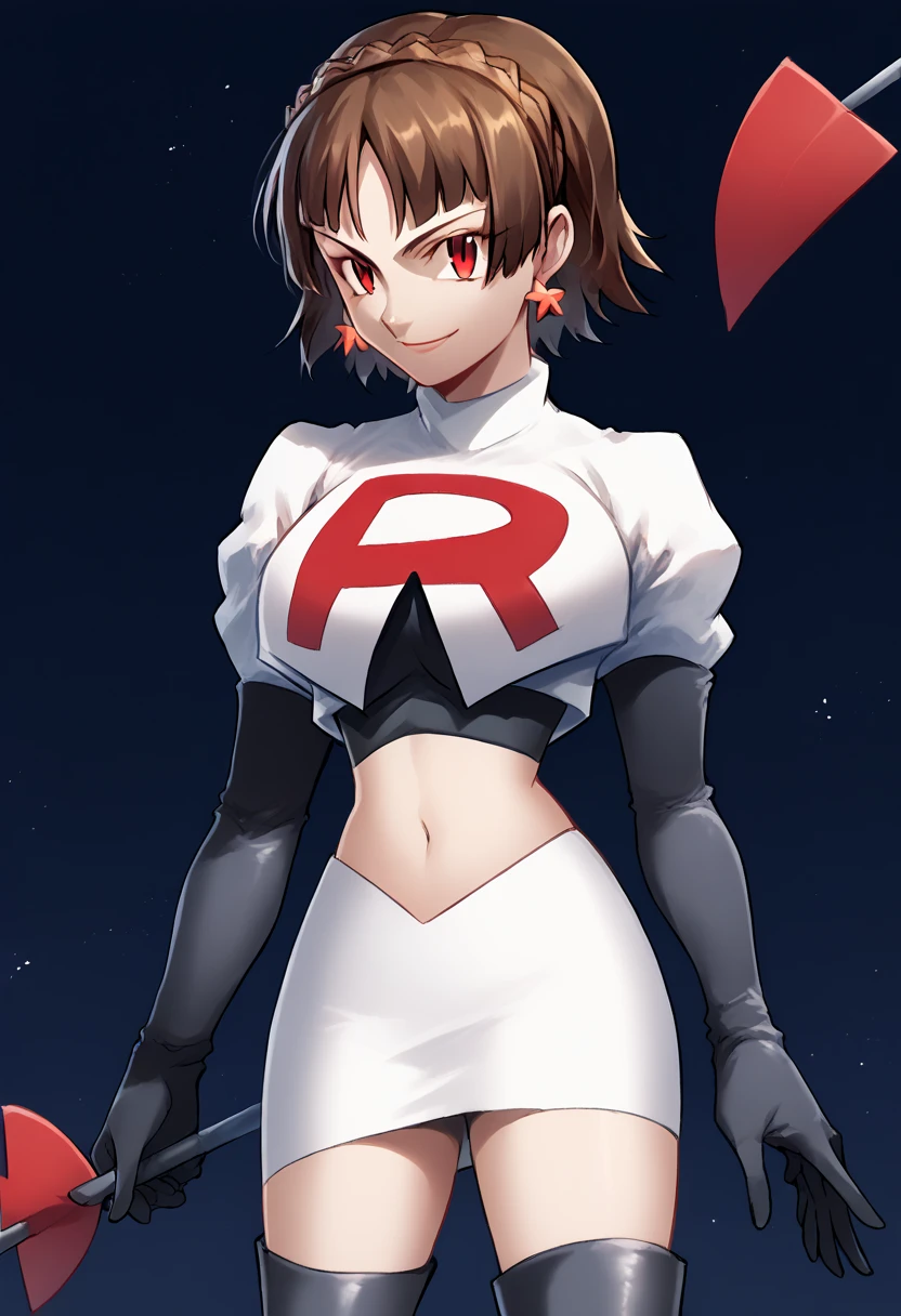 Team rocket, team rocket uniform, red letter R, white skirt,white crop top,black thigh-high boots, black elbow gloves, evil smile, night sky background, earrings, large breasts, high-heeled boots, Makoto Niijima, brown hair, crown braid