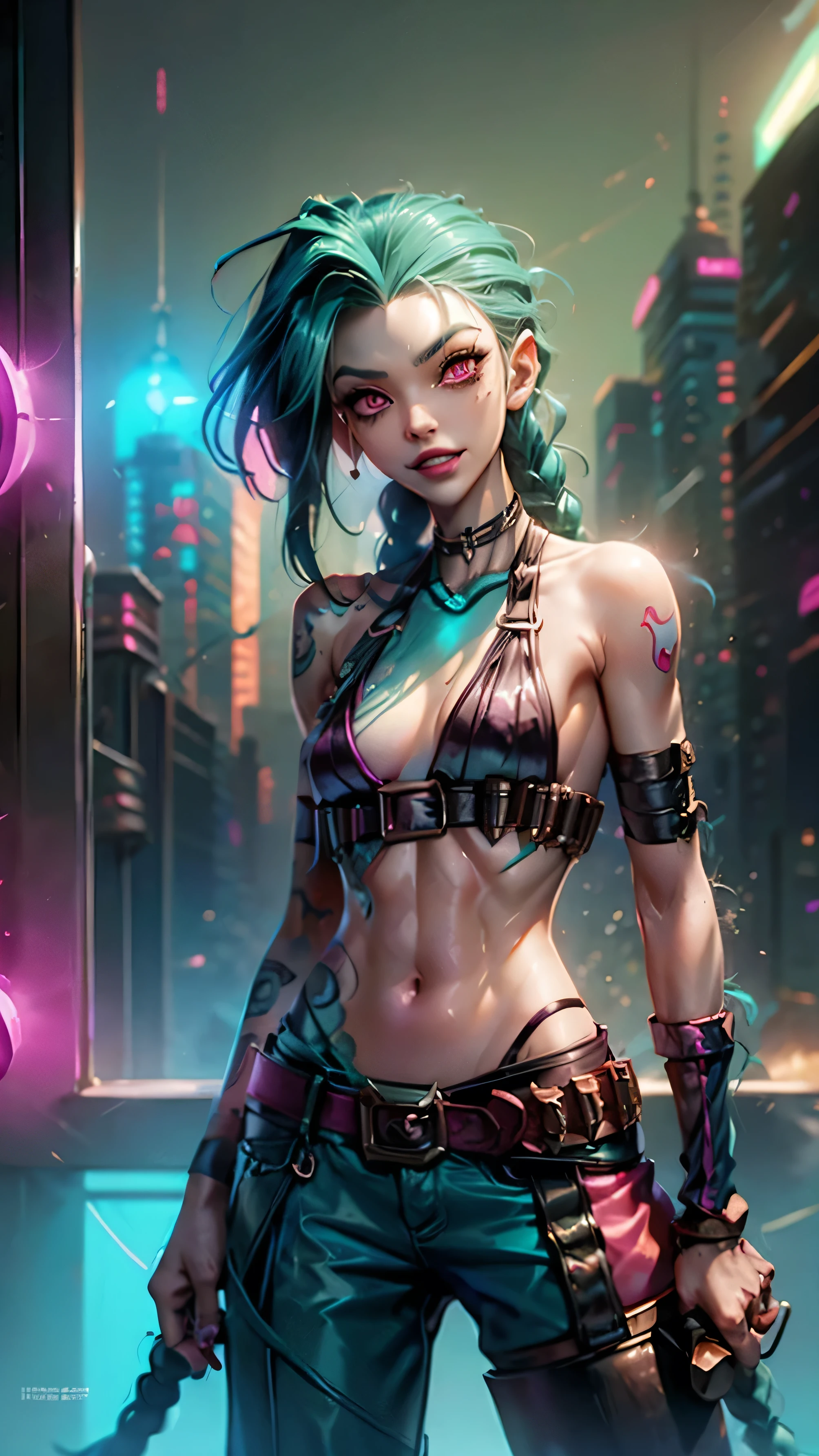 The secret of bad luck,  a woman with green hair and tattoos,   cyberpunk female anime female  , pants,  beautiful angry cyberpunk goddess ,  cyberpunk art style ,  Cyberpunk Anime Digital Art , cyberpunk anime art, arcane Jinx Retrato, cyberpunk anime art,  cyberpunk themed art , cyberpunk dark fantasy , arcane风格,  1 girl at home,  star tattoo  on arm, Asymmetrical bangs, Scope , Green hair,  green braids , Brown shirt,  star tattoo , sideways, Green hair, Long hair,  Pink Eyes , Red lips,  to a standing , Cloud Tattoos , Double braid. arcane Jinx. Green hair girl, garota de Double braid, Jinx in a burning place, spark, Light Ball, Movie Posters, Jinx, arcane\(League of Legends\rocket bucket ， rocket，