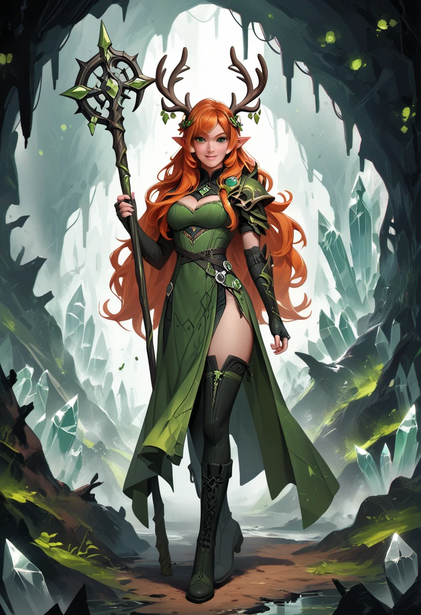 score_9, score_8_up, score_7_up, BREAK, 1girl, keyleth, ginger hair, green eyes, long hair, pointy ears, antlers crown, freckles, fingerless elbow gloves, green short robe, thighhighs, boots, holding staff, full body, standing, smile, solo, looking at viewer, green crystal cave background, white background 