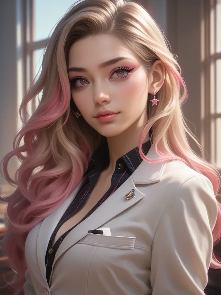 a beautiful gyaru with long, multicolored hair in shades of pink and black, striking pink eyes, solo portrait, ultra-detailed, 8k, highres, photorealistic, professional, vivid colors, dramatic lighting