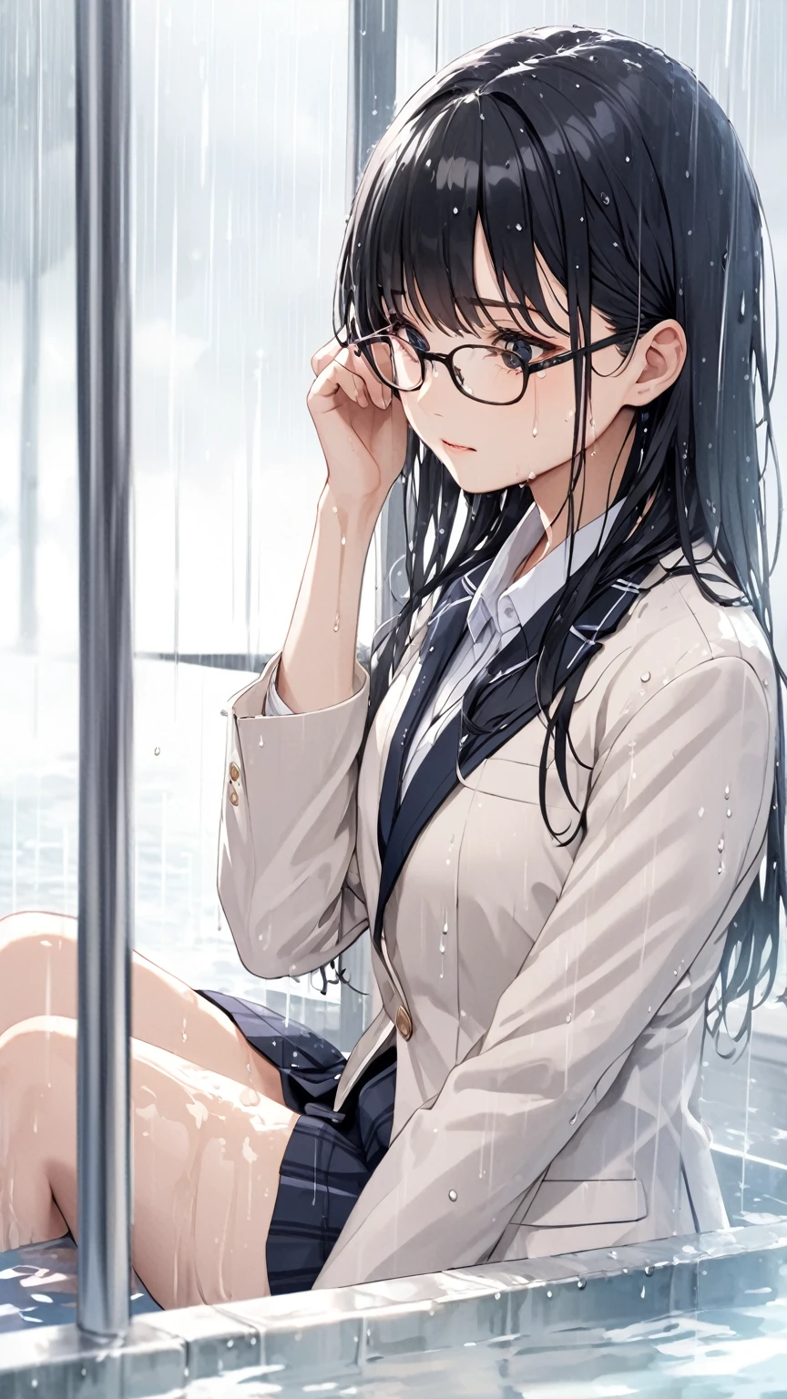 Black hair, glasses, Japanese schoolgirl blazer, soaking wet, rain, sheltering from the rain