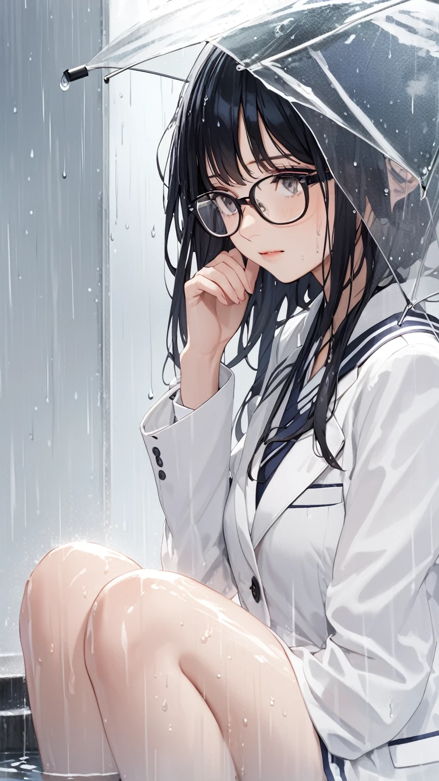 Black hair, glasses, Japanese girl blazer, soaking wet, rain, sheltering from the rain