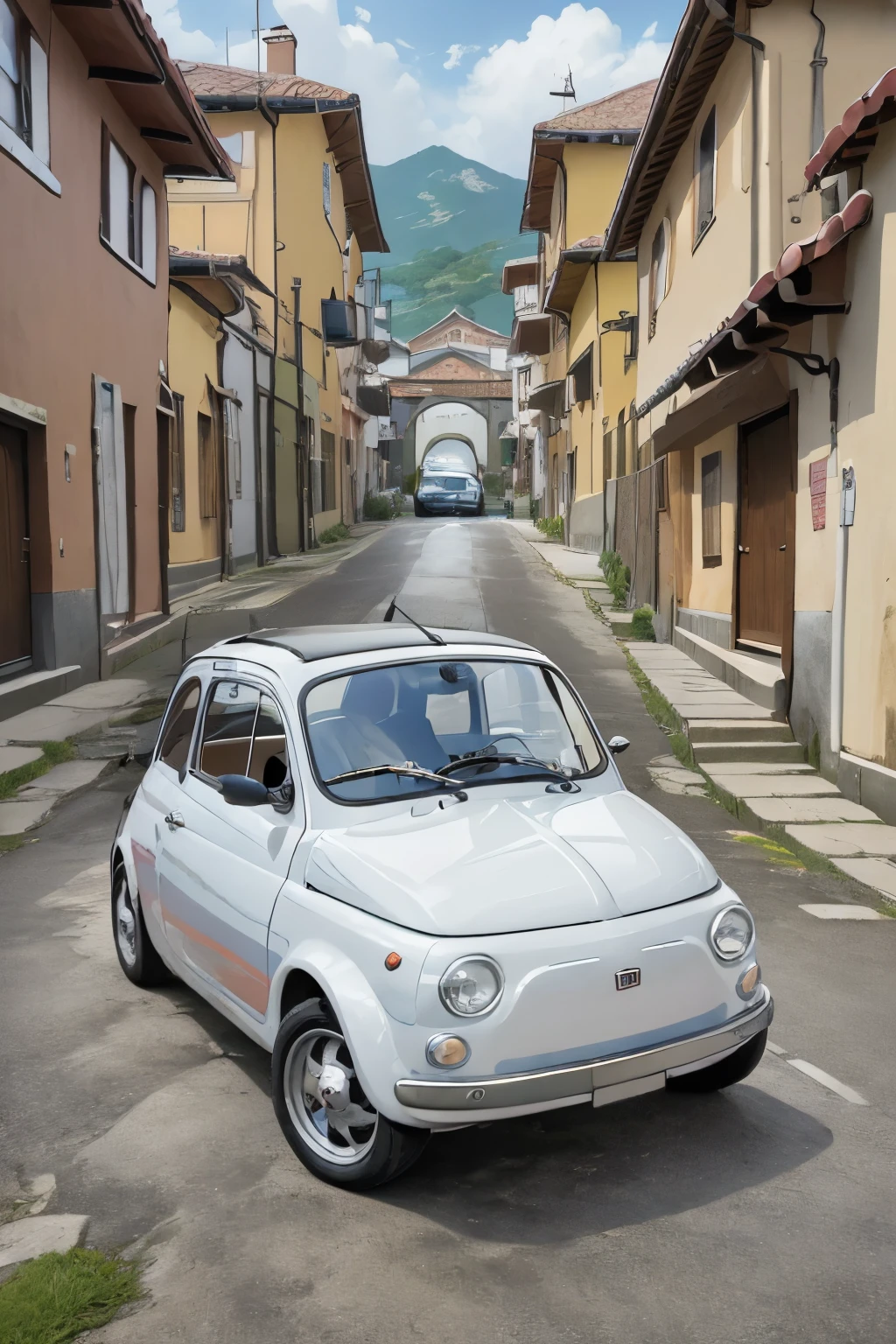 (masterpiece:1.2,  best quality),( very detailed),(((Anime Style)))，8k，wallpaper，White-colored Fiat 500 ，execution， old Japanese medieval townscape， blue sky，Abarth specification:1.2，(((Ghibli style)))，