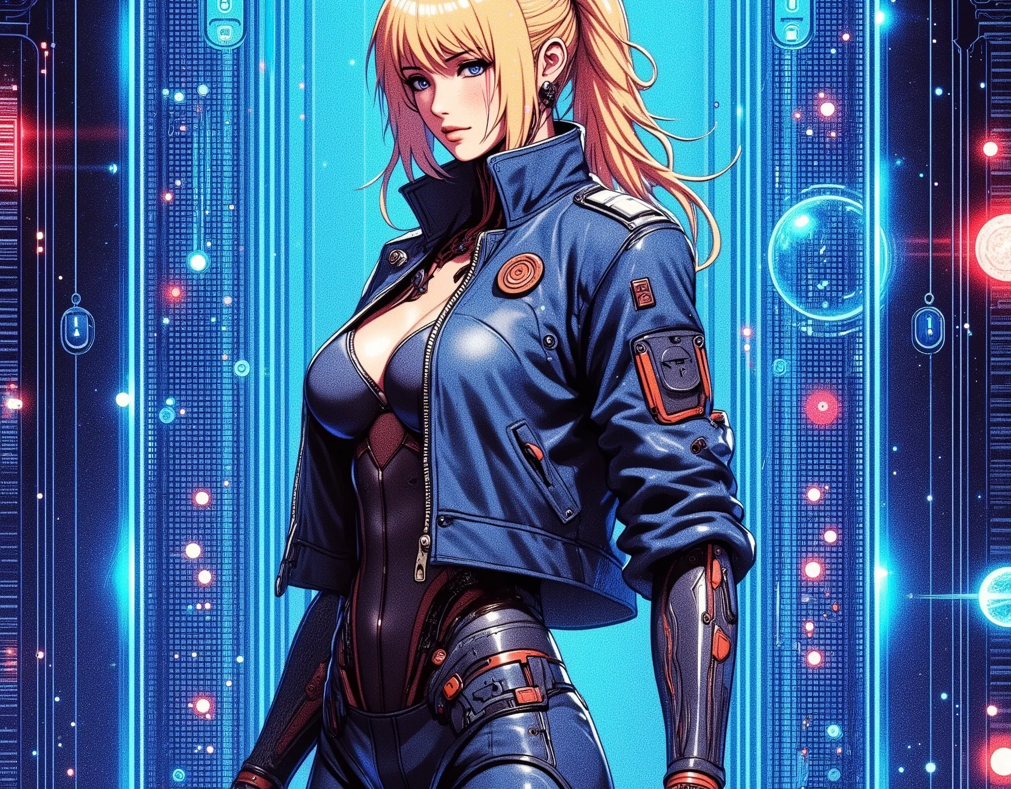 (masterpiece:1.2),( best quality),(Super detailed),(  super high definition ),(  Best Illustration ),8k, wallpaper,  Beautiful Female Cyborg,Upper body close-up,Vector art,Layered Textures  ,progressive,SF,  Cyberpunk  ,jeans,Police jacket , boots,( The background is a blue hologram with a large blue grid pattern),(Neon colored planetary groups in the background:2.0)