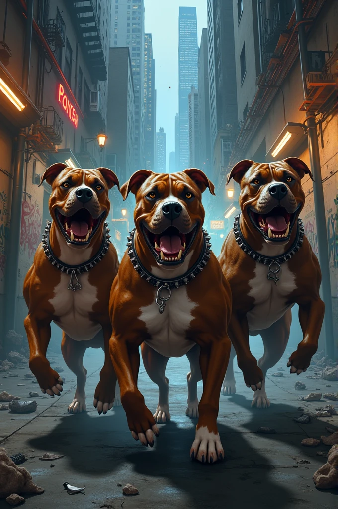 Group of gangsta bulldogs at restaurant
 and chains and beer and beer glass on the table in balcony view