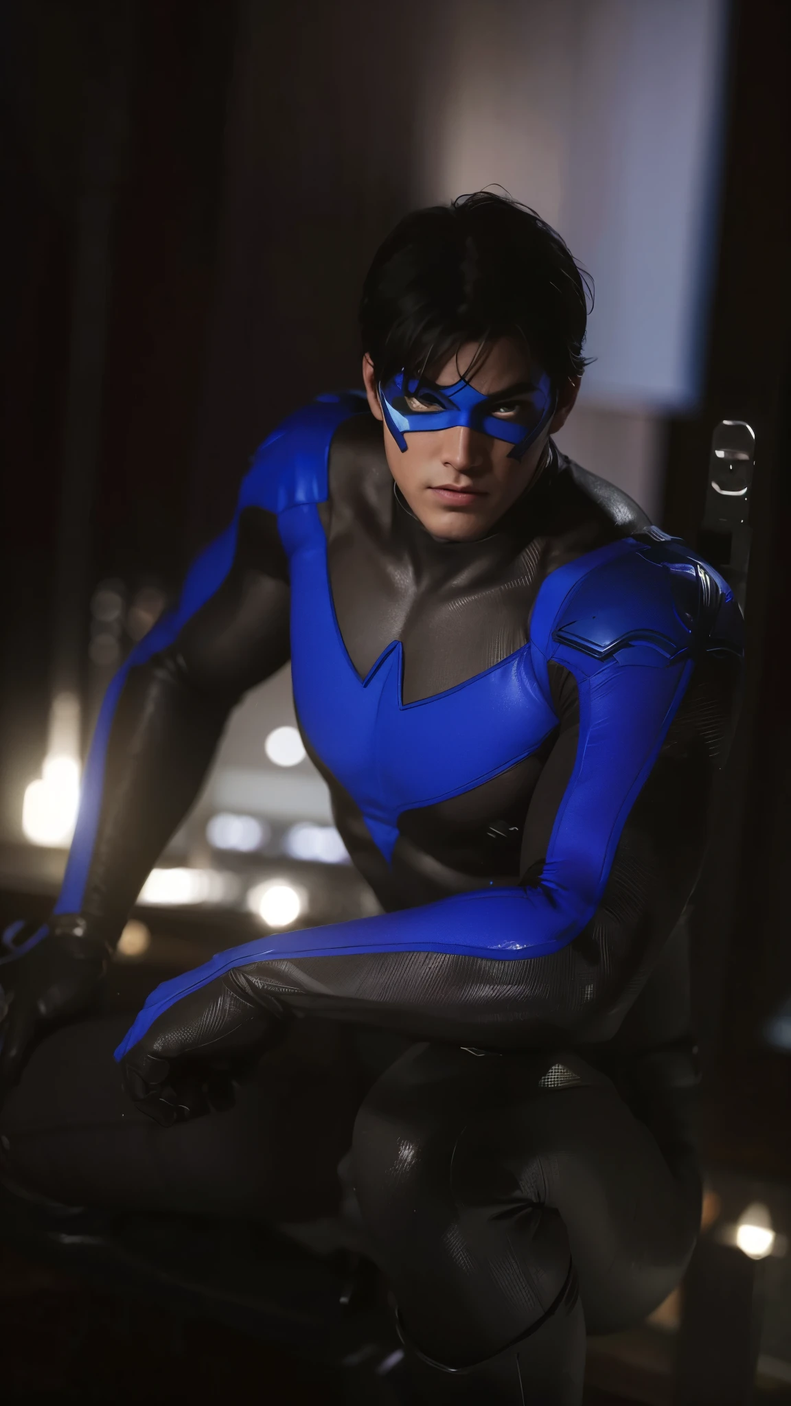  nightwingsuit, cute young man ,  sexy body ,  tall , Shiny black hair, upright, 