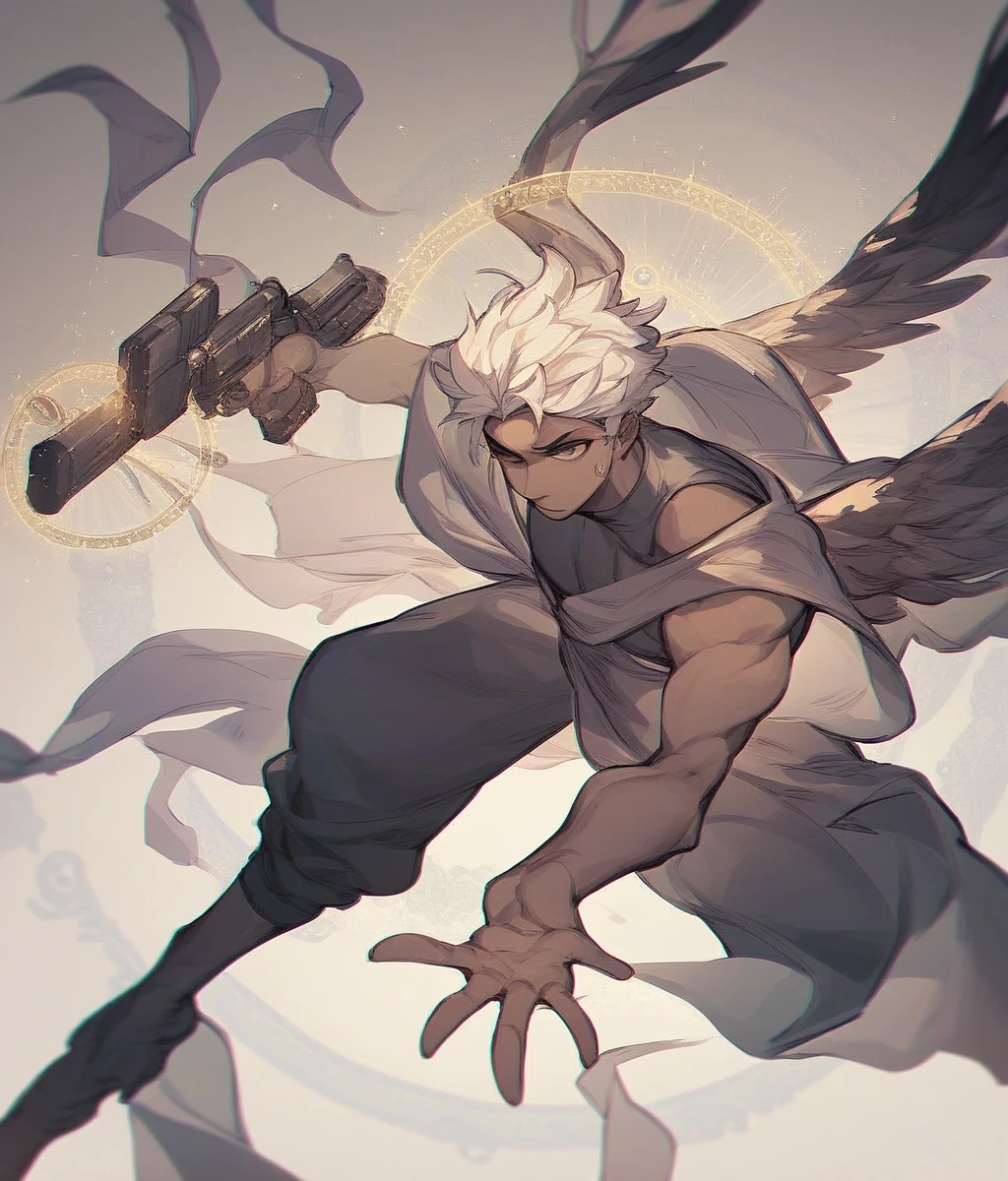 Solo character, full body version, old man, beard, very largest muscle, black eyes, black half white color hair, undercut hair, topless, black pants, boots, outdoor, fire town, medieval, morning, standing gesture, detailed background, detailed clothing, detailed hair, (Hunter x Hunter style art), smoke effect, fire effect, blood, glow effect on hand, angry eyes, has wings