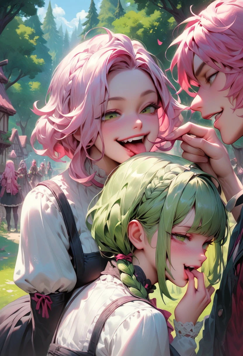 score_9, score_8_up, score_7_up, m0uth0p3n, 2girls, open mouth, finger in another's mouth, mouth pull, both hands, from back, pink hair, green hair, behind, smug face, forest background, large village, complex background
