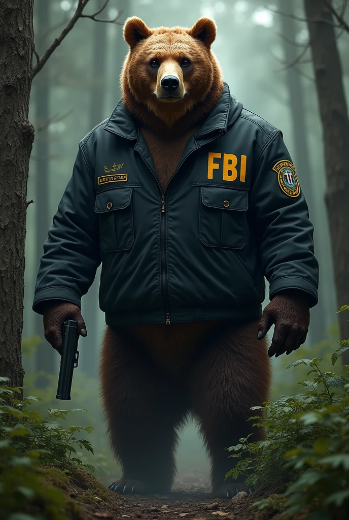 2. **Clandestine Bear**:
"A standing grizzly bear, dressed in an FBI jacket , holding a pistol. The bear is in a dense forest , as if it were on a secret mission."