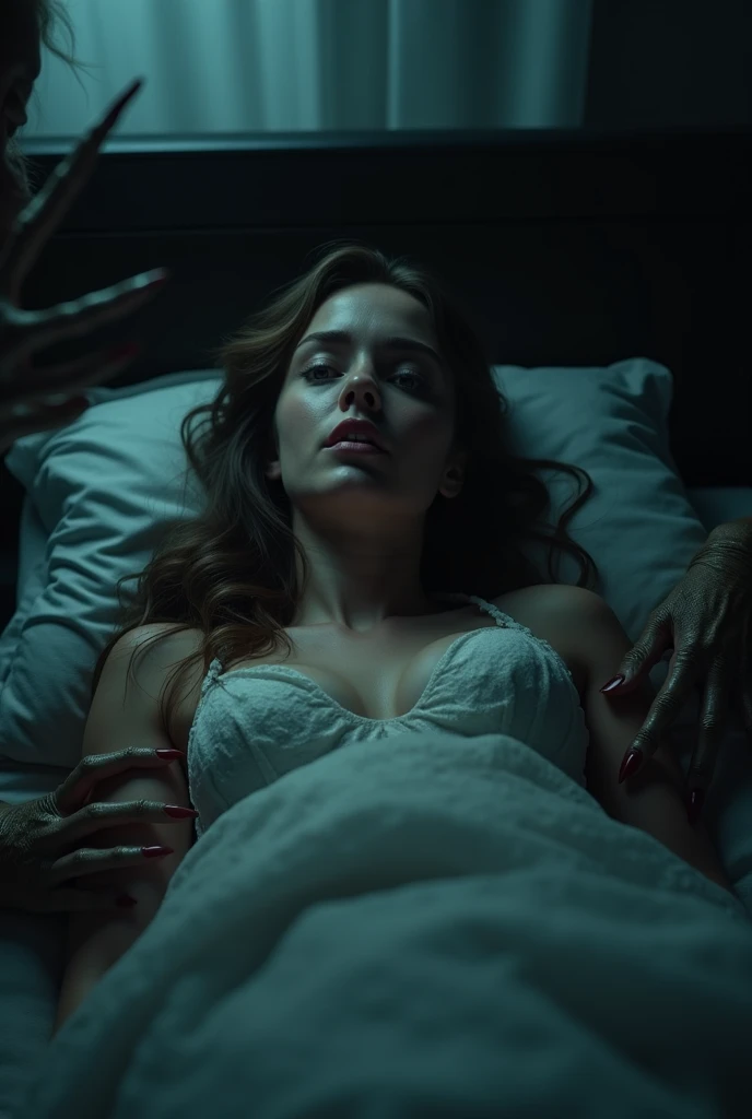 1 hourglass body women crying blood on bed wearing fitted dress and loves color lavander