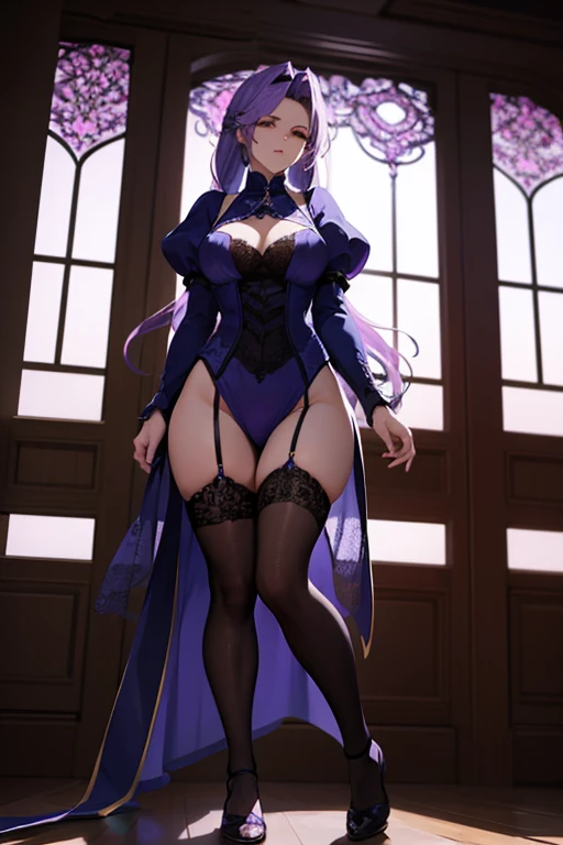 1girl,gray hair,purple eyes,drill hair,doyagao,blush,tiara,dress,opera glove,shoulder,lift up the skirt,holding skirt,from below,lace panties,black thigh high stockings,