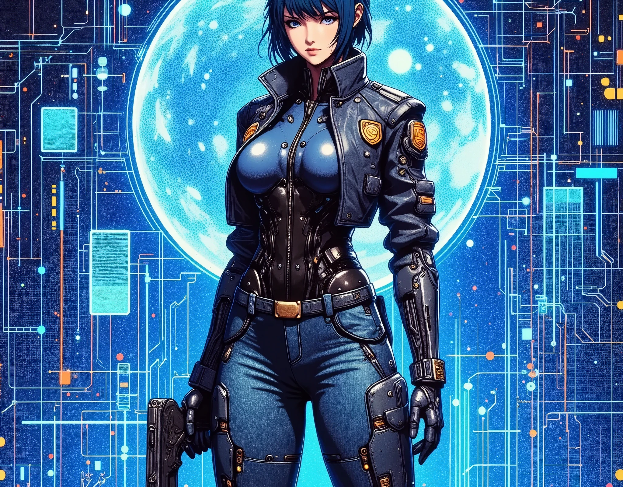 (masterpiece:1.2),( best quality),(Super detailed),(  super high definition ),(  Best Illustration ),8k, wallpaper,  Beautiful Female Cyborg,Upper body close-up,Vector art,Layered Textures  ,progressive,SF,  Cyberpunk  ,jeans,Police jacket ,Police badges, boots,( The background is a blue hologram with a large blue grid pattern),(Neon colored planetary groups in the background:2.0)