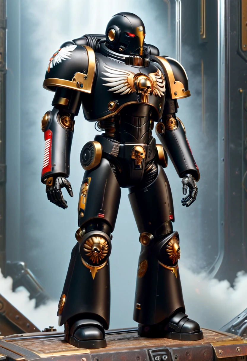 1 , complete body,ultrarealistic skin, short, black bio mechanical torso, black bio cybernetics arms, curved lips, long hair, back bio cybernetics legs, Realistic warhammer 40k background, natural light, 