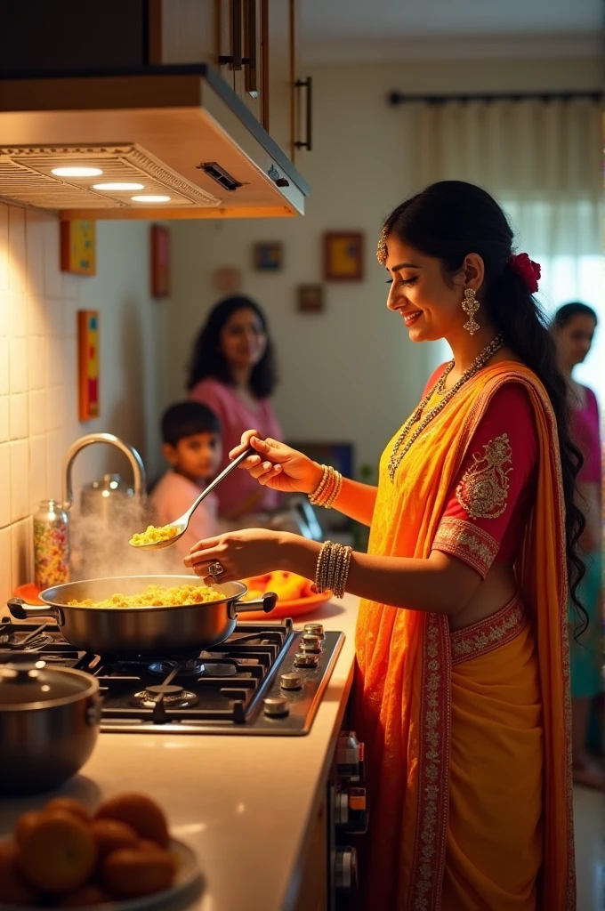 Morning scenario, 35 years old beautiful Tamil woman, preparing breakfast, inside a big indian kitchen, fully furnished, (wearing:1.6 saree, blouse, petticoat), (((mangalsutra))), (ultra realistic detailed:1.6 beautiful eyes & nose & ears & lips & curves & skin & body parts), tied black hair, eyes symmetry, face symmetry, (background:1.6 utensils, shelves, sink, stove, burners, littlefire on burner, dosa in a plate, mixie, plates, windows), full body shot from top
