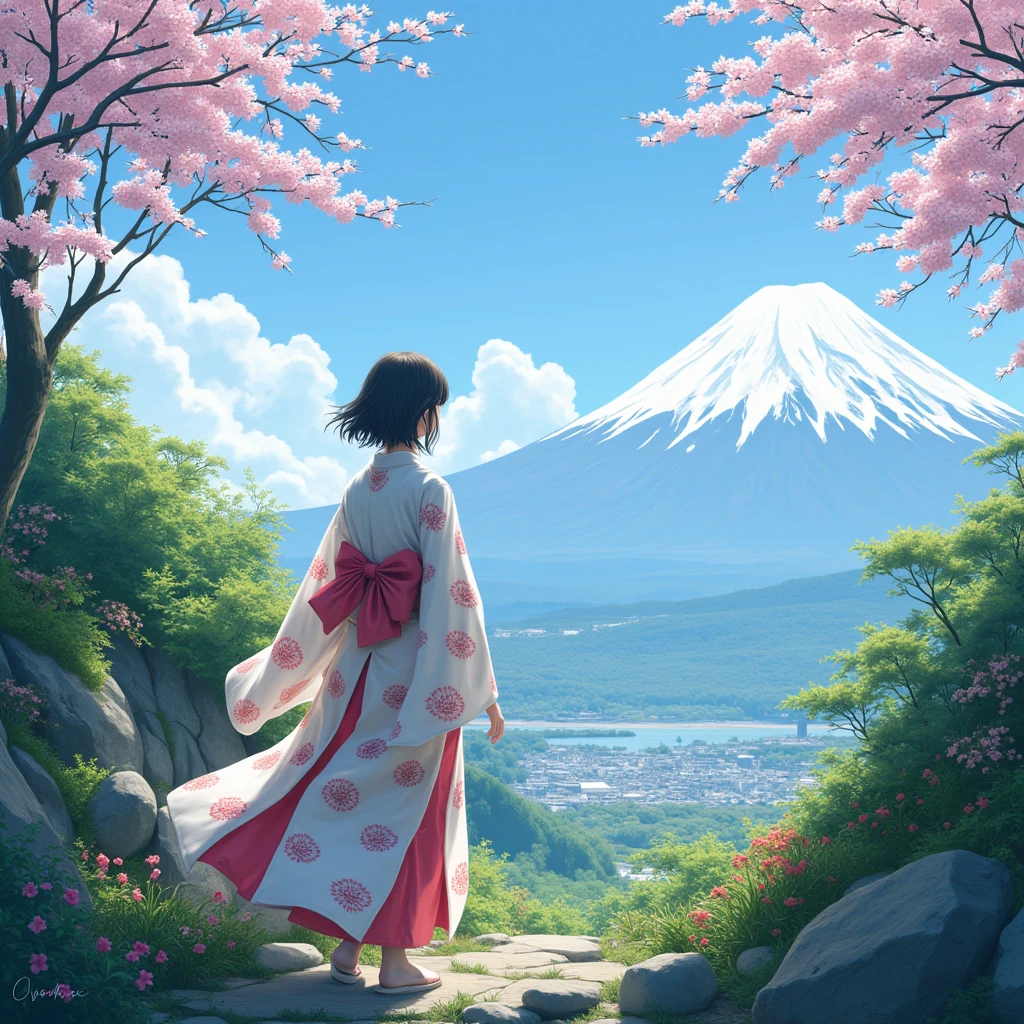 A majestic and elegant panorama of Mt. Fuji.、Sakuhime Konohana smiles kindly、(The princess's breasts are huge:1.5)、Hair that flutters in the wind、The best illustrations、