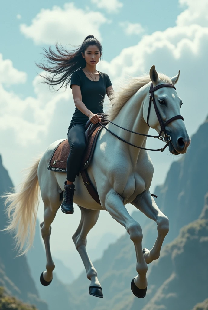 realistic, cinematic, Close-up, a beautiful Indonesian woman is riding a white horse jumping above the clouds, with mountains and clouds in the background. He was wearing a black t-shirt, black trousers and sports shoes. She had long black hair that was tied up.