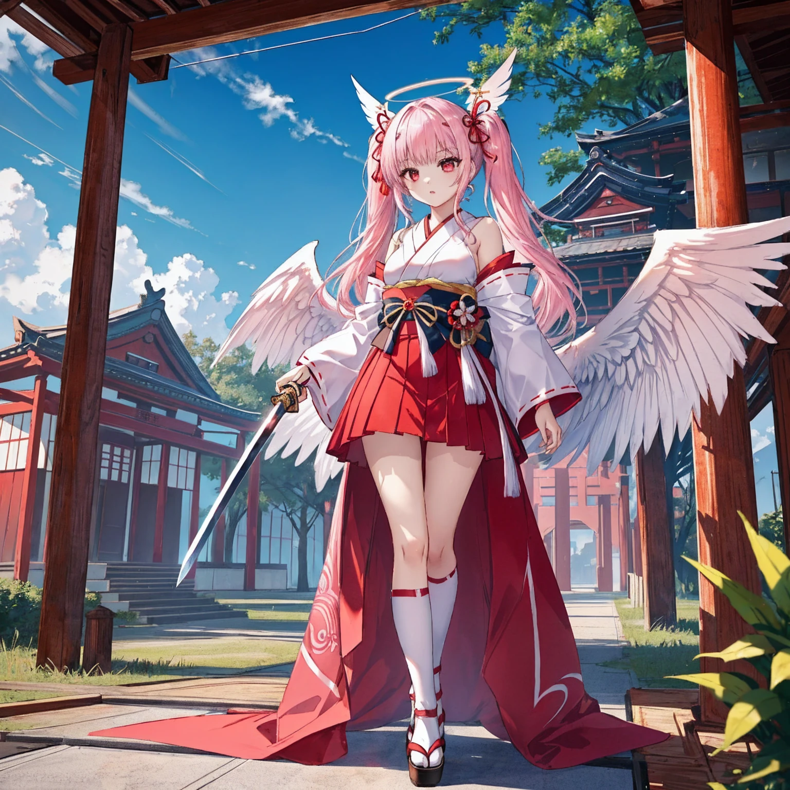 4K,High resolution,One Woman,Harpy,Pink Hair,Short Ponytail,Green Eyes,Big Breasts,White Wings,Golden toenails,Shrine maiden,White Shrine maiden outfit,hair band,Japanese Village
