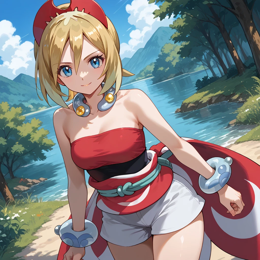 score_9, score_8_up, score_7_up, source_anime,
pokemonirida, pokemonirida, blonde hair, blue eyes, hair between eyes, medium hair,
bracelet, hat, jewelry, neck ring, red headwear, red shirt, sash, shirt, shorts, strapless, strapless shirt, waist cape, white shorts,
outdoors, nature,
looking at viewer, cowboy shot, dutch angle,