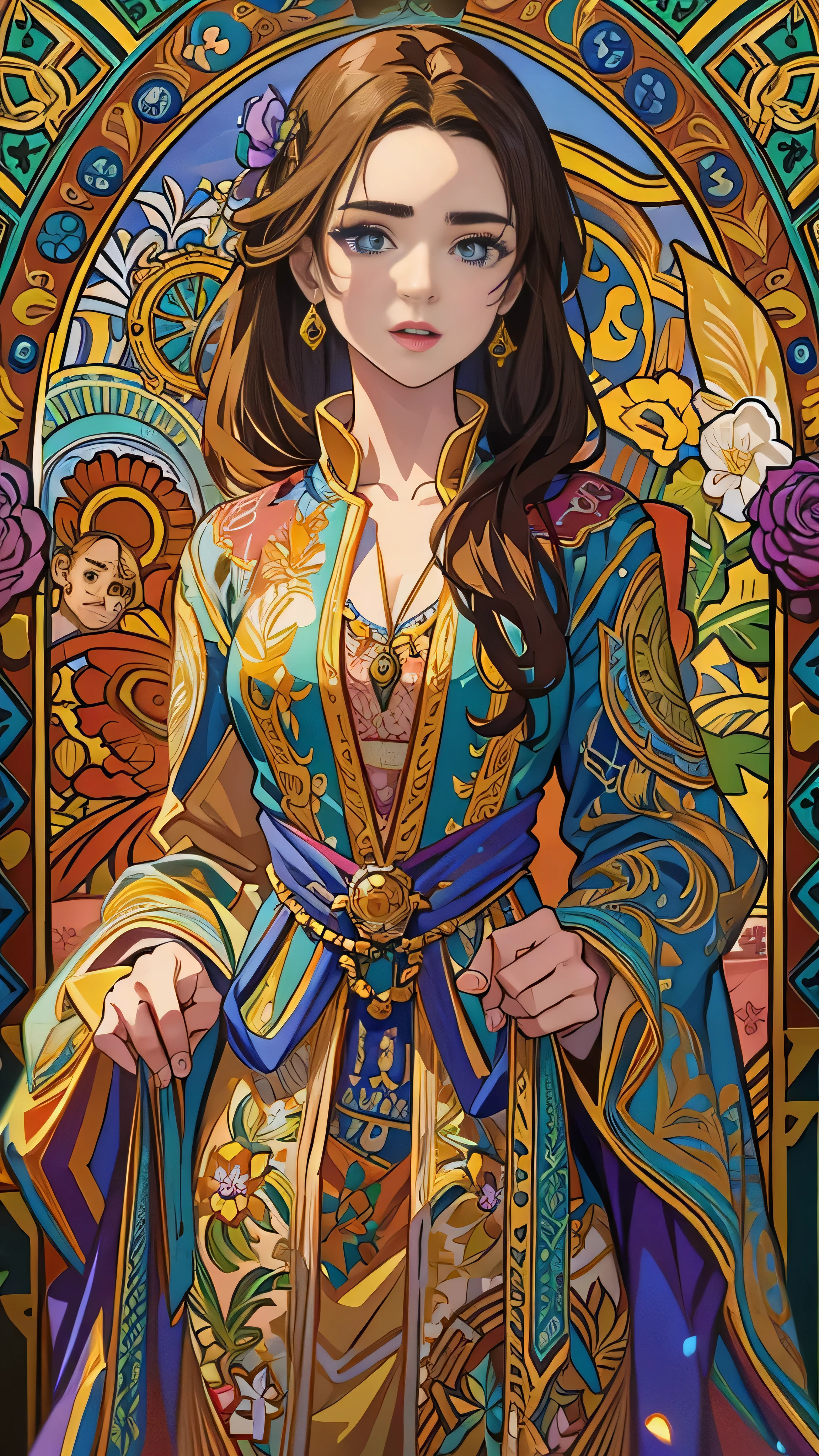 Illustration of Lily Collins wearing a 、 jacket and wearing a medieval dress、 Detailed , Soft and bright, HD art by Greg Hildebrandt , Liu Shitmer ,  Sezik Stepan , Sanyang, Aikut Aidgudu, Justin Gerard,  Alphonse Mucha,