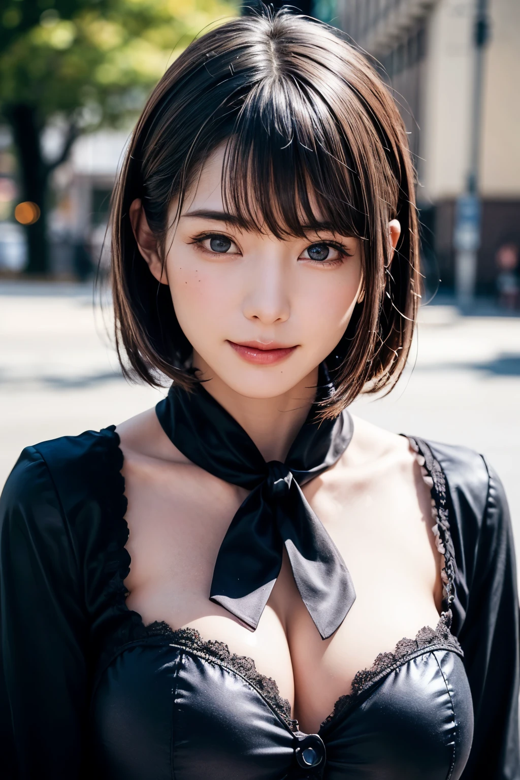 (masterpiece, Highest quality),One Girl, solo, Black-haired, scarf, hat, Realistic, Realistic, Looking at the audience, Light-coloured black eyes, Short brunette bob hair, Brown coat,, Lips, Bans, Plein Air, Upper body、Big eyes、Beautiful view of sparkling snow lassi))、(((Short bob hair with bangs:1.4、Shiny Hair、Bans:1.4、Big eyes、large full chest、Intensely accentuates the eyes、Staring at the audience、Beautiful beauty、Listen carefully、Long neck、Smile a little、smile、Ideal body proportions)))、{huge|big|hugeな|Mega} chest:2, chestの谷間:2