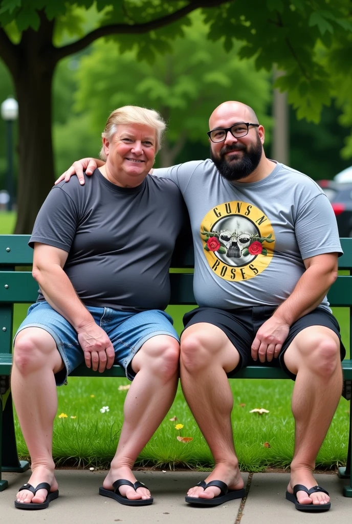 Highly realistic and detailed photograph of Donald Trunp together with a black man, medium fat, 38 years old, average height 1.72, bald (shaved head), big head, big chin, big black beard, wearing black-framed square prescription glasses and wearing a gray guns n roses t-shirt, worn denim shorts and black avaianas flip-flops. The two are sitting on a green park bench, posing for a photo in a relaxed atmosphere. Zoom out