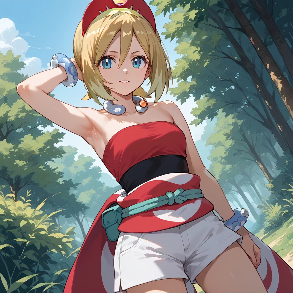 source_anime,
pokemonirida, pokemonirida, blonde hair, blue eyes, hair between eyes, medium hair,
bracelet, hat, jewelry, neck ring, red headwear, red shirt, sash, shirt, shorts, strapless, strapless shirt, waist cape, white shorts,
outdoors, nature,
looking at viewer, cowboy shot, dutch angle, armpits, close up