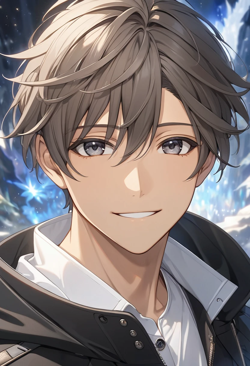 masterpiece,  male anime character, Light brown skin,  black eyes ,  shorthair , Smiling Kindly,  white shirt, Black Coat,  fine and beautiful eyes, Perfect Eyes, Ultra-detailed CG Unity, mystical majestic background ,  depth of field, 