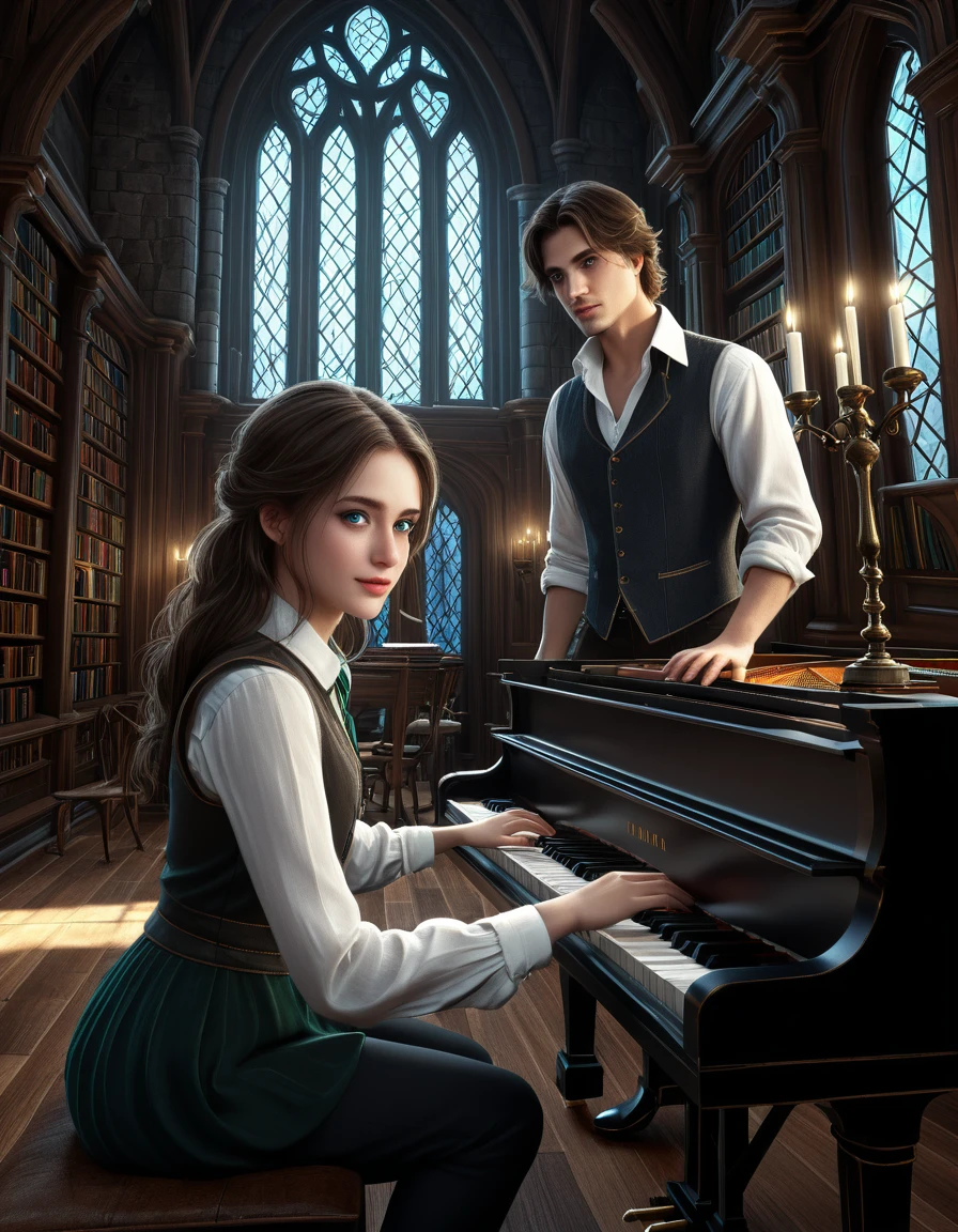 sketch man  ((with brown eyes)), Beautiful, brown short hair in a white shirt,  dark gray classic vest , playing the photrepiano while sitting in black pants and looking at the girl with brown long hair and blue eyes ,  in a short emerald-colored dress who is standing at the piano in front of the man and looking at him against the background of the arafed room with the piano and the window in it, gothic epic library concept, gothic epic library, gothic library, alchemist library , unreal engine render concept art, castle library, dusty library,  unreal fantasy art engine, ancient library, library of ruina concept art, photorealistic dark concept art,  dramatic lighting . concept art, inside a castle library, Старая библиотека photo realistic illustration, hyper realistic illustration, realistic illustration, photorealistic detail , hypper realistic illustration, extreme realistic detail, photorealistic detail ed picture, с unreal engine render concept art, ), Ultra-detailed and beautiful face,( Gentle facial expression :1.1),translucent white skin,(Реалистичный skin texture:1.1), , Bold design , Art design ,Beautiful and detailed pattern, Detailed fabric texture,