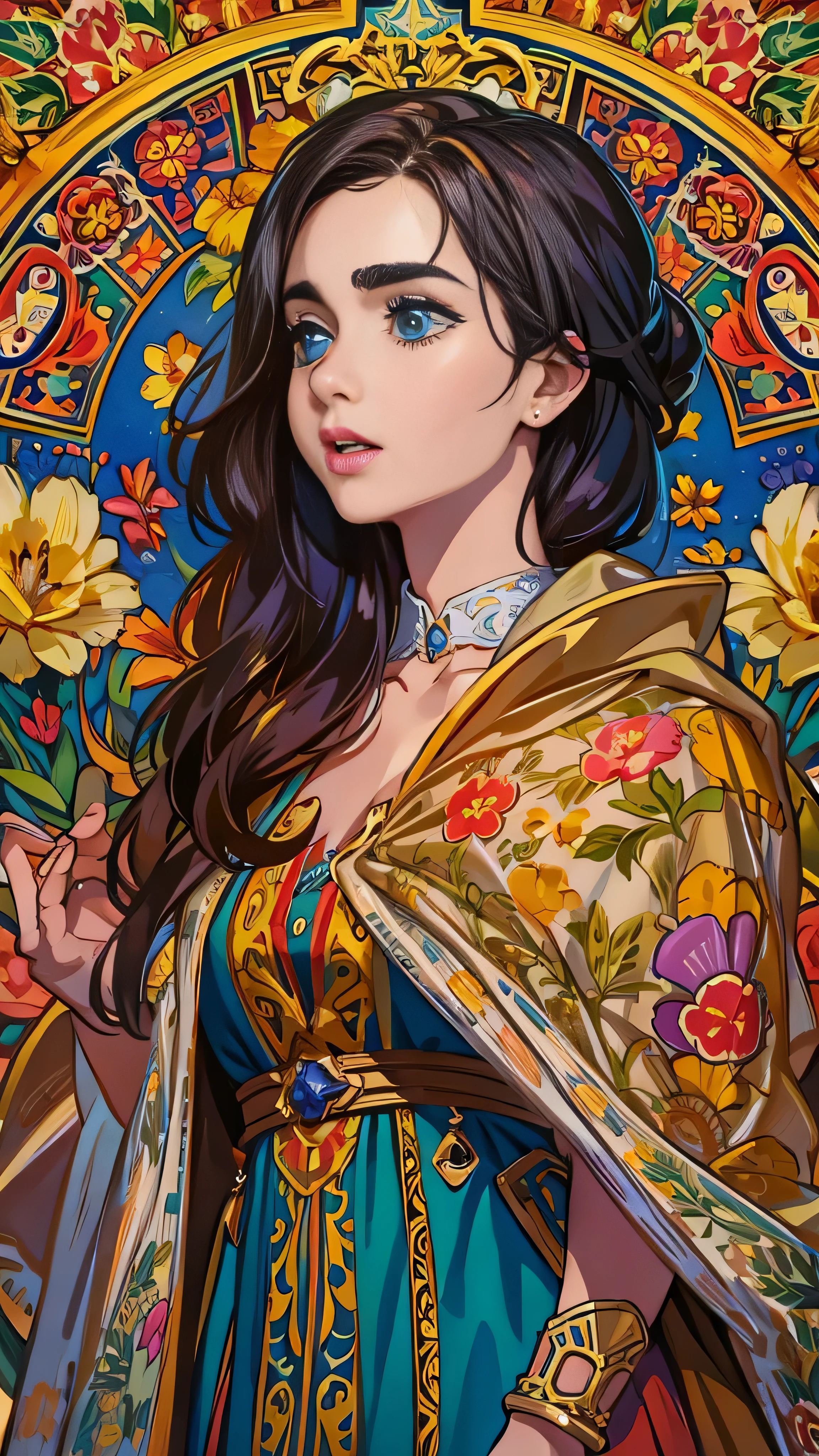 Illustration of Lily Collins wearing a 、 jacket and wearing a medieval dress、 Detailed , Soft and bright, HD art by Greg Hildebrandt , Liu Shitmer ,  Sezik Stepan , Sanyang, Aikut Aidgudu, Justin Gerard,  Alphonse Mucha,