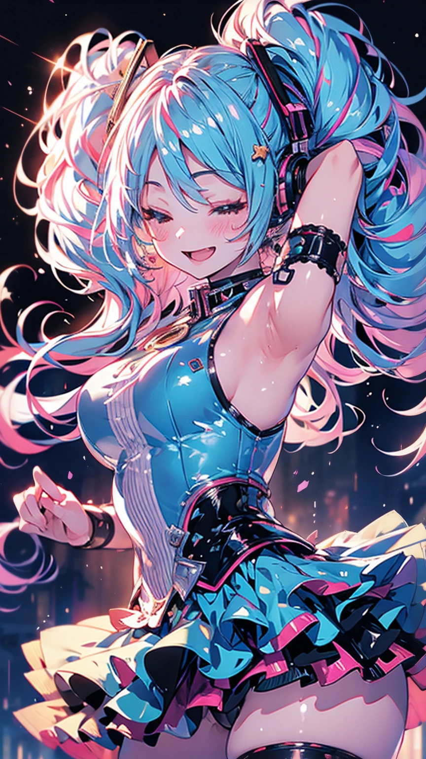 Raise your face and body   ,  cute smiling girl ,  1 girl,   vocaloid ,  Hatsune Miku,  Big Breasts ,  raise your arms, Dancing, sing,  Fantasy , Starry sky background, water surface, Blushing face, (最 High Quality ,8k, high definition ,masterpiece:1.2),Super detailed,(Realistic:1.37), bright color , dramatic lighting facing back to the right, Intricate Details ,photoRealistic, High Quality , 8k, Super detailed,  photoRealistic ,  Movie Lighting, Dramatic contrast,Raise your face and body   ,Bright expression, Smiling with eyes closed